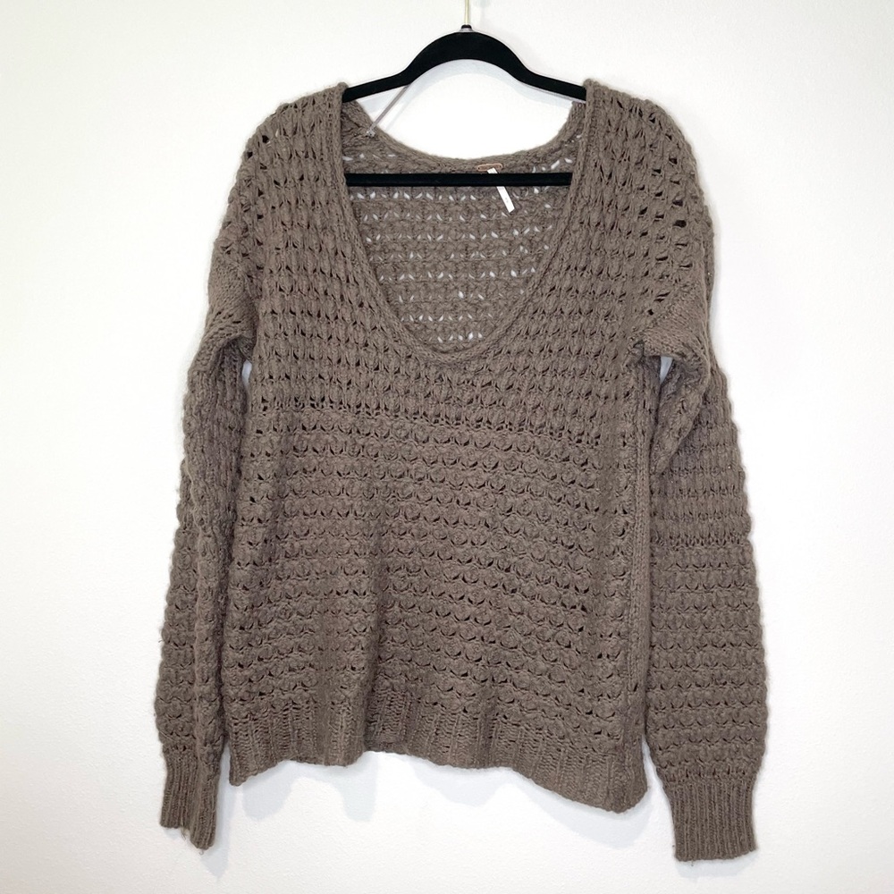 Free People Brown Wool Blend Loose Knit Chunky Pullover Scoop Neck Sweater